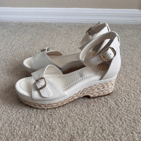 New Vince Camuto White Leather Espadrille Platform Wedge Sandals Ladies Size 9 - Picture 1 of 10